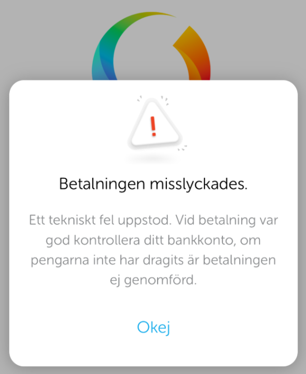 Bild som visar ett felmeddelande från Swish