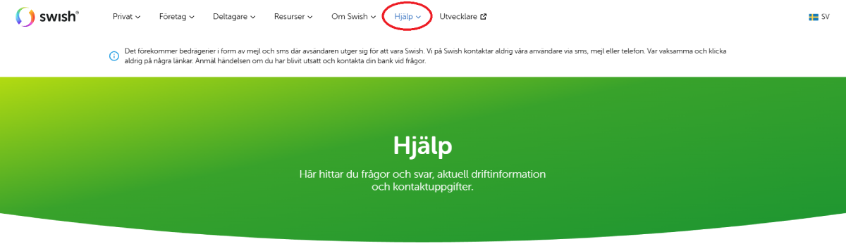 bild som visar hur man når hjälpsidan hos Swish
