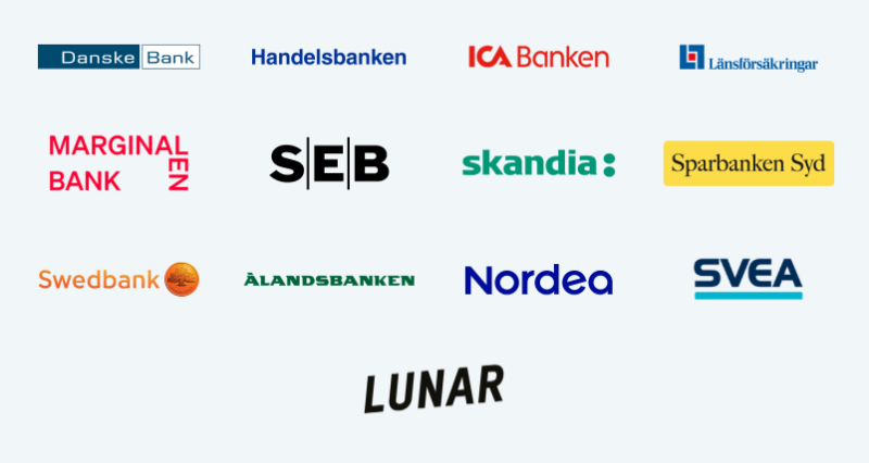 En bild som visar logotyper för de banker som erbjuder Swish