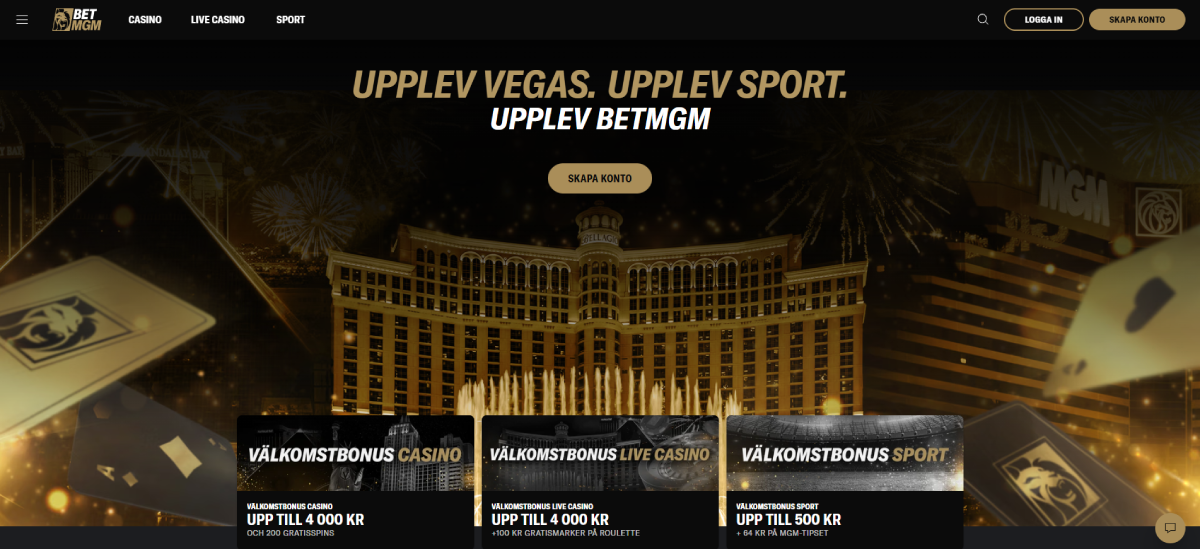 Bild som visar BetMGM startsida med bonusar