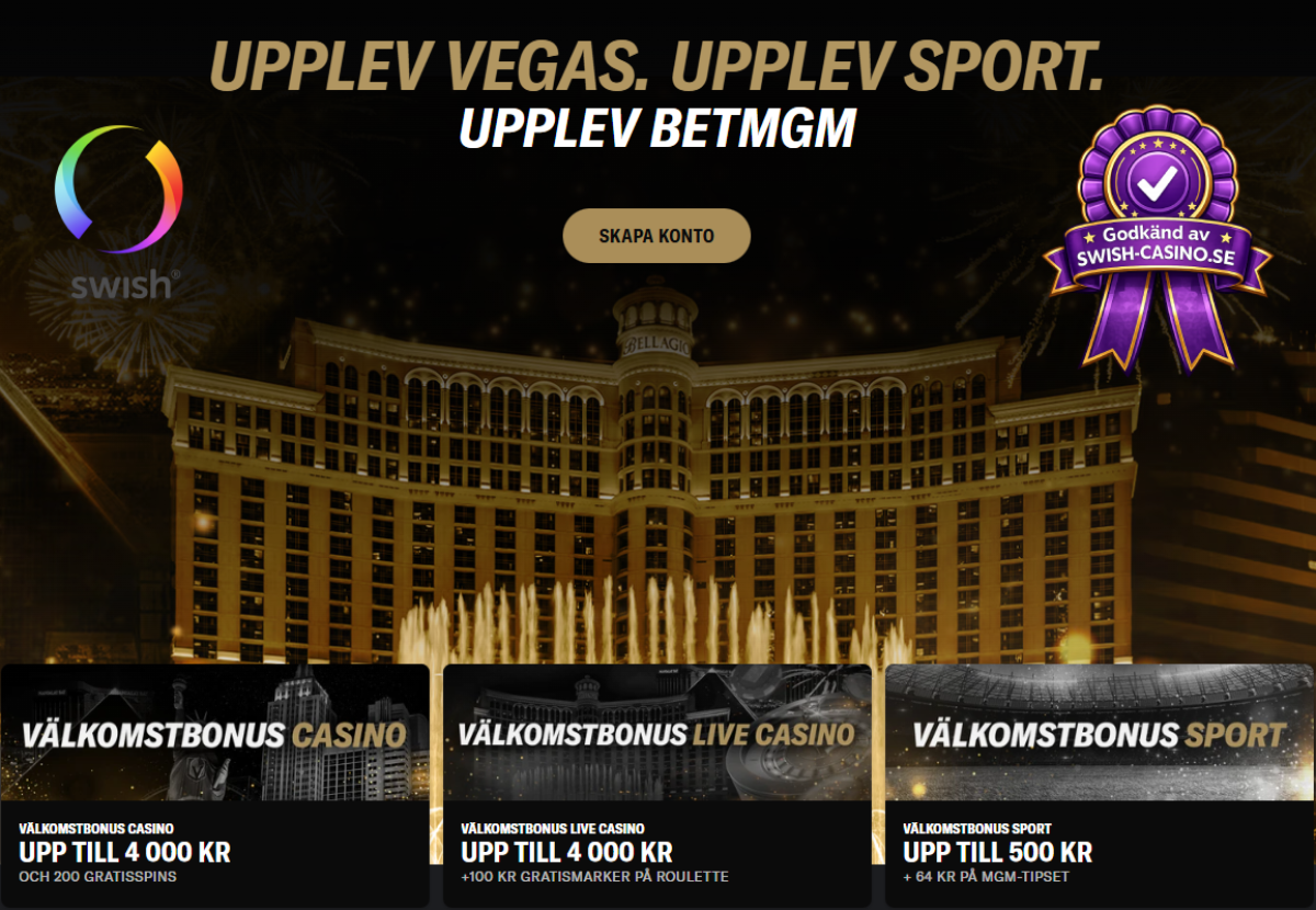 bild som visar BetMGM startsida och en godkänd av Swish-casino.se märkning