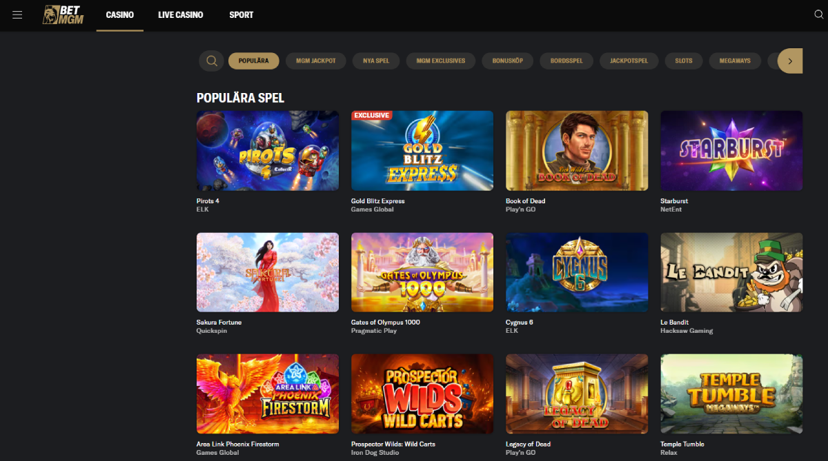 bild som visar populära spel hos betmgm