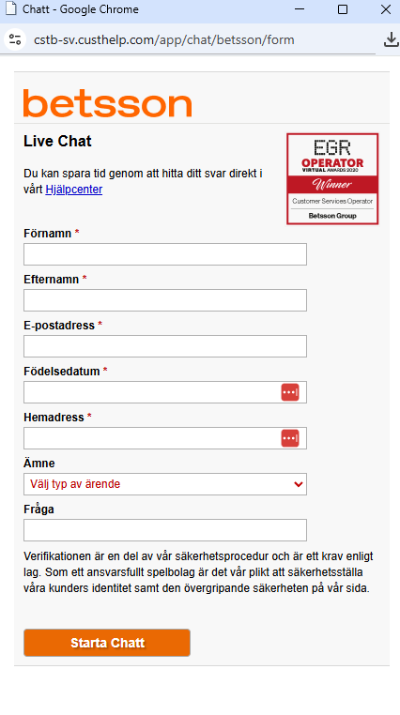 bild som visar betsson chat support
