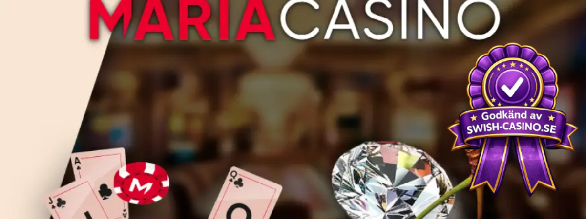 en bild som visar maria casino logo med kort, spelmarker och en diamant, i bakgrunden kan man ana slots
