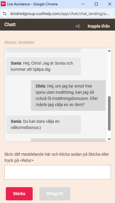 bild som visar samtal med supporten på Maria casino