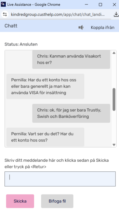 bild som visar chatt med supporten